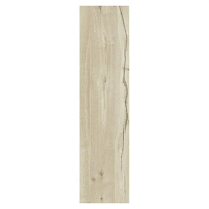 Feinsteinzeugfliese Essenza - 30 x 120 cm, Bianco, Matt - Nahaufnahme einer hellbraunen, länglichen Holzfliese mit deutlicher Maserung und Astlöchern, ideal für moderne Boden- und Wandgestaltung.