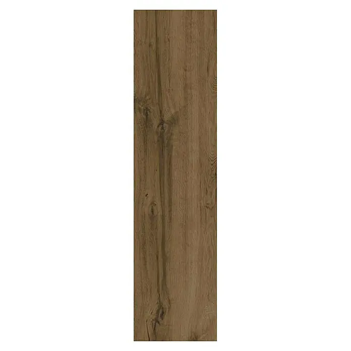 Feinsteinzeugfliese Essenza - 30 x 120 cm, Marrone, Matt - Nahaufnahme einer Holzplanke mit Maserung und Knoten, ideal für Texturen.
