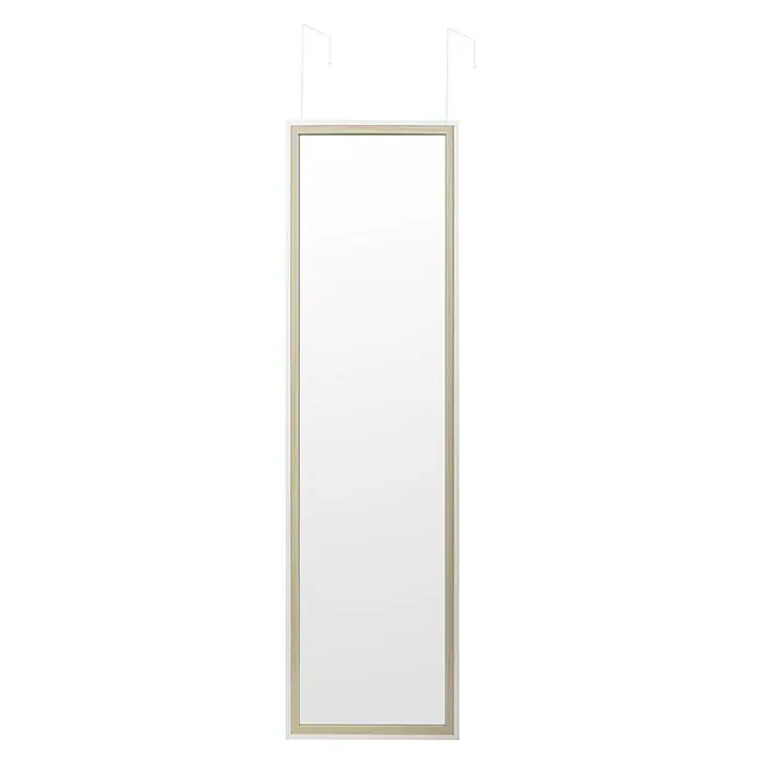Espejo de puerta Miwa - 34 x 118 cm, Blanco - Esta imagen muestra un espejo rectangular grande con un marco de madera clara, complementado con un mecanismo para colgar en la parte superior.