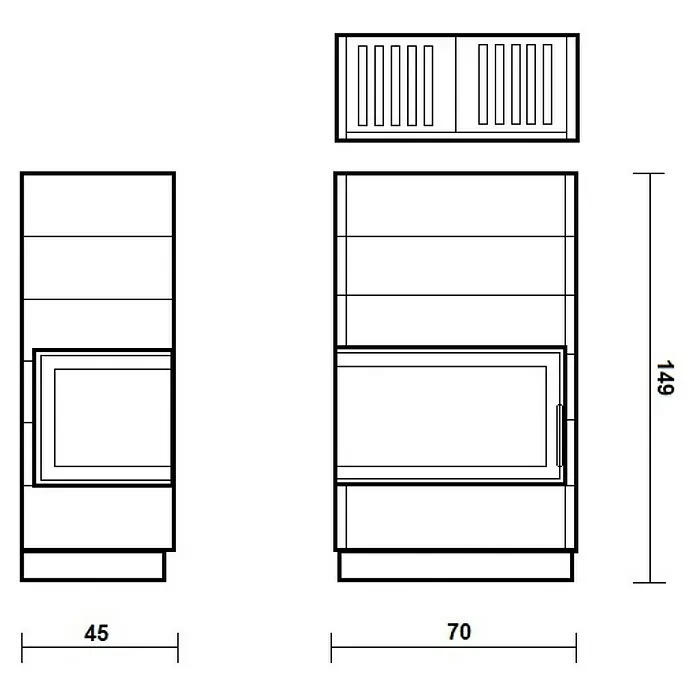 Domofire Kaminofen Erfurt links - 6 kW - Schema des Ofens mit den Maßen 45x70x149.