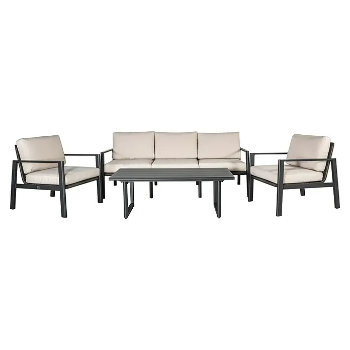 Kactus republic Conjunto de muebles Onix - 4 pzs., Aluminio/Ratán sintético, Gris - Esta imagen muestra un conjunto de sala de estar para exteriores que incluye un sofá de tres plazas, dos sillones y una mesa de centro. Ideal para relajarse.