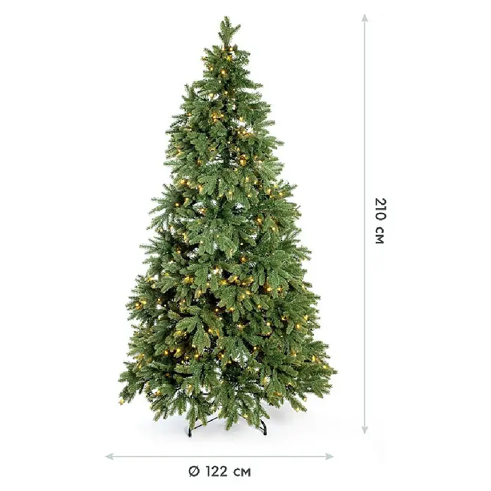 Künstlicher Weihnachtsbaum Roswell - Höhe: 210 cm, Grün, LED-Beleuchtung - Abbildung eines geschmückten künstlichen Weihnachtsbaums mit warmweißen Lichtern, der 210 cm hoch und 122 cm breit ist.