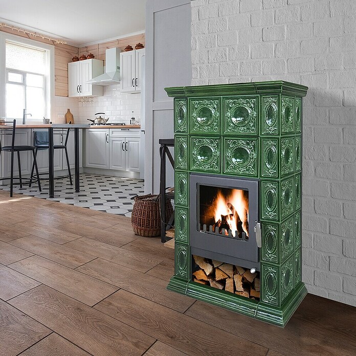 Domofire Kamin na drva Altenburg  (8 kW, Kapacitet grijanja prostorije: 160 m³, Materijal obloge: Keramika, Zelena) | BAUHAUS