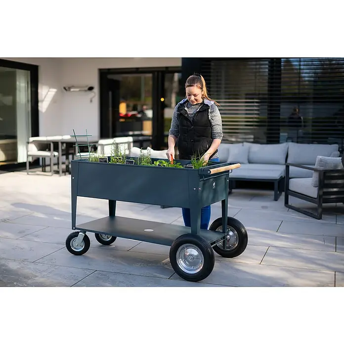 Herstera Garden Kräuterhochbeet Swivel - L x B x H: 120 x 60 x 84 cm, Anthrazit - Eine Frau beugt sich über einen fahrbaren Kräutergarten mit Rädern und Ablagefläche, perfekt für Terrasse oder Balkon.