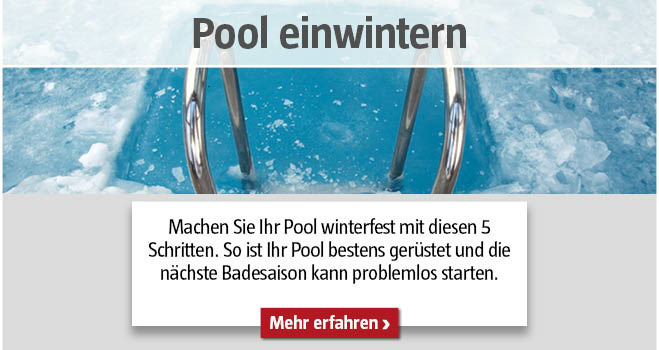 Poolleiter im Pool, Eis im Wasser, Titel Pool einwintern