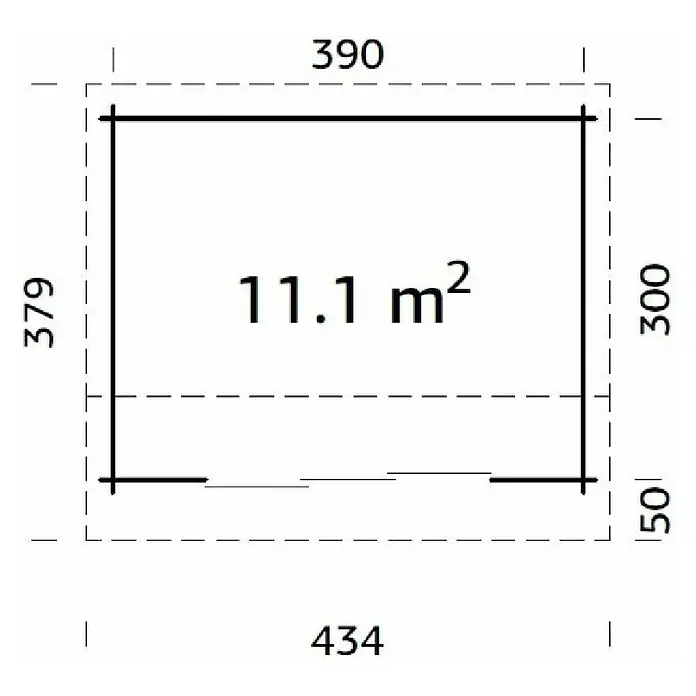 Palmako Gartenhaus - Außenmaß inkl. Dachüberstand (B x T): 434 x 379 cm, Holz, Braun, Isolierglas - Grundrisszeichnung eines rechteckigen Gebäudes mit den Maßen 434 x 379, Innenfläche 11,1 m².