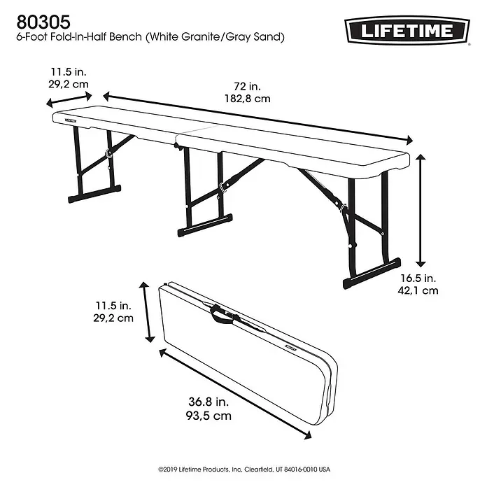 Lifetime Gartenbank - B x T x H: 183 x 29 x 42 cm, Weiß/Schwarz, Klappbar - Darstellung einer zusammenklappbaren Lifetime Bank, sowohl aufgebaut als auch im zusammengeklappten Zustand mit Maßangaben.