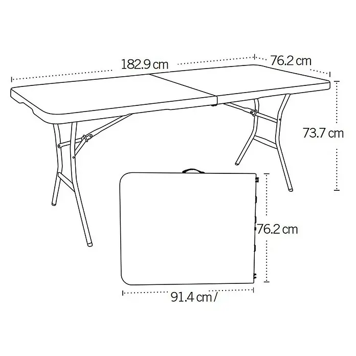 Lifetime Gartentisch - L x B x H: 183 x 76 x 74 cm, Polyethylen, Stahl, Rechteckig, Weiß - Abbildung eines Klapptisches mit seinen Maßen, sowohl im aufgestellten als auch im zusammengeklappten Zustand.
