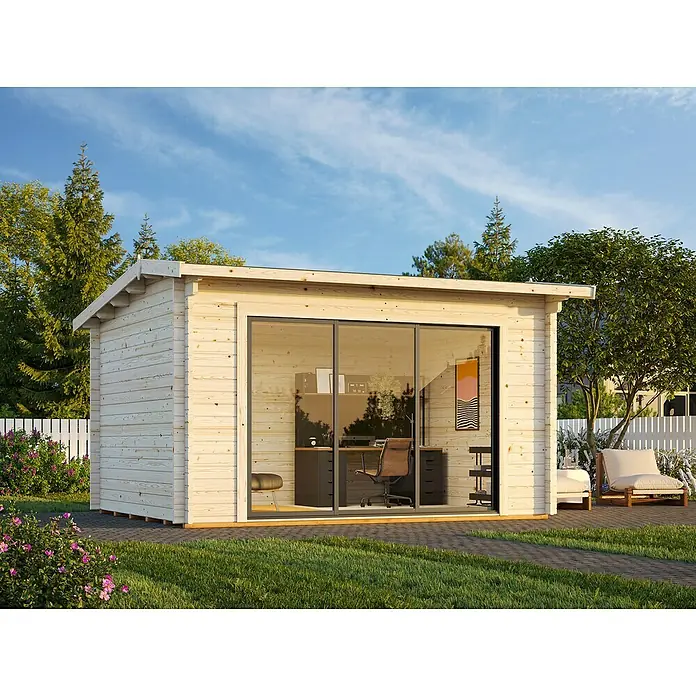 Palmako Gartenhaus - Außenmaß inkl. Dachüberstand (B x T): 434 x 379 cm, Holz, Natur, Isolierglas - Modernes Gartenbüro aus Holz mit Glasfront und Schiebetüren für eine helle Arbeitsatmosphäre.