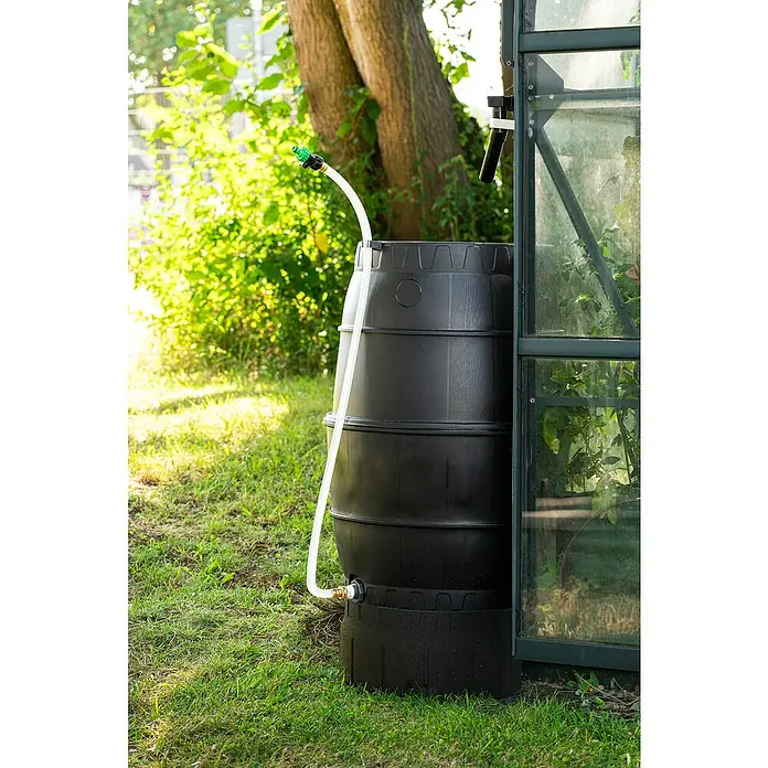 Pergart Regentonne mit Unterbau - 170 l, Anthrazit - Eine Regentonne aus Kunststoff mit Schlauchanschluss steht im Garten neben einem Gewächshaus.