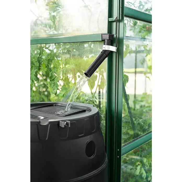 Pergart Regentonne mit Unterbau - 170 l, Anthrazit - Regensammelfass aus schwarzem Kunststoff mit Gittereinsatz und Ablauf, gefüllt mit sauberem Regenwasser aus dem Fallrohr.