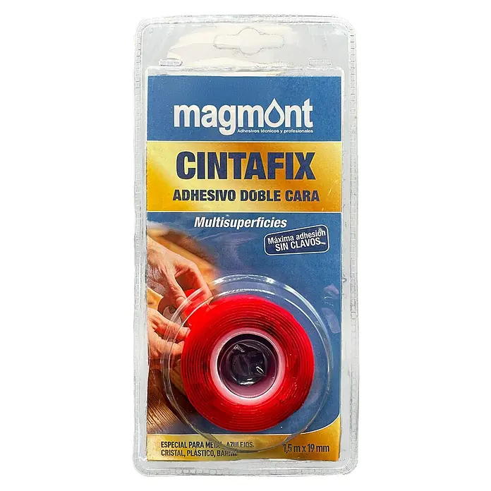 Magmont Cinta de doble cara cara Cintafix - 19 mm x 1,5 m, Rojo - Cinta de doble cara Magmont CINTAFIX para diversas superficies, máxima adhesión sin clavos, 1,5 m x 19 mm.