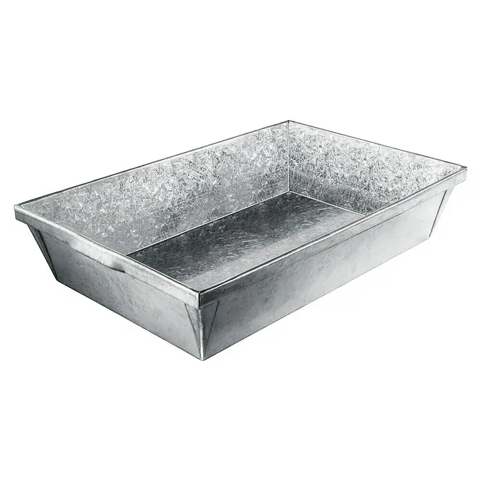 Pflanzschale eckig Pergart - L x B x H: 28,5 x 38,5 x 11,5 cm, Stahl, Silber - Ein silberner Metallbehälter, ideal für Pflanzarbeiten oder die Aufbewahrung, mit einer robusten Konstruktion und glänzender Oberfläche.