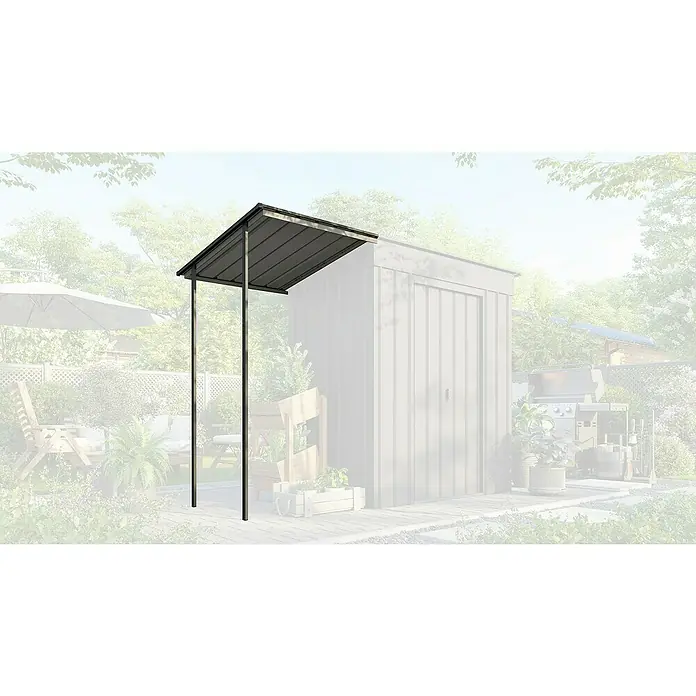 Globel Schleppdach - Passend für: Skillion 64 + 84, Stahl, Anthrazit - Das Bild zeigt ein Vordach für ein Gartenhaus mit einem grauen Dach und zwei schwarzen Stützen, das zusätzlichen Schutz bietet.