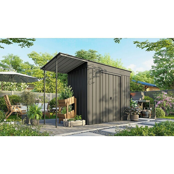 Globel Metallgerätehaus Skillion 84 (Außenmaß inkl. Dachüberstand (B x T): 324,6 x 124 cm, Stahl, Anthrazit) | BAUHAUS