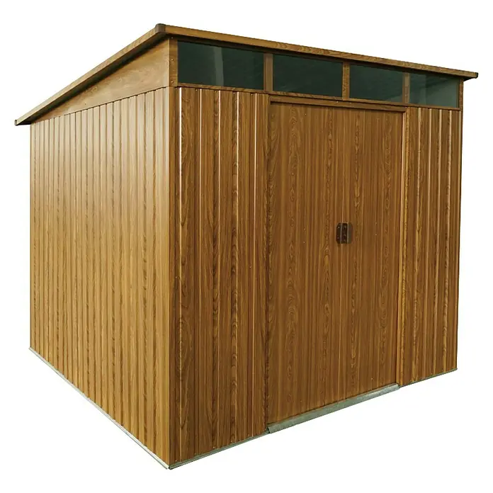 Pergart Gerätehaus Lübeck 89 - Außenmaß inkl. Dachüberstand (B x T): 238 x 278 cm, Stahl, Braun - Ansicht eines braunen Gartenhauses mit Holzeffekt-Paneelen, Doppeltür und Oberlichtern, ideal zur Aufbewahrung von Gartengeräten.