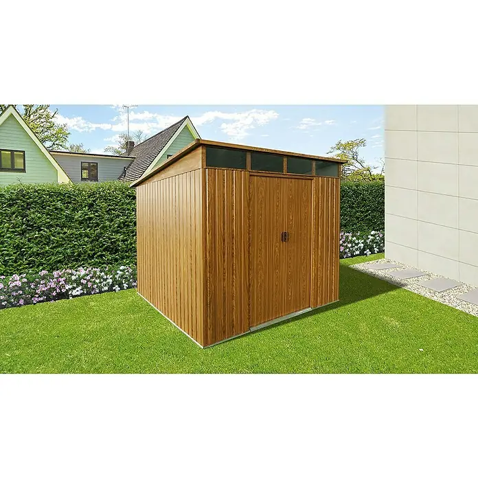 Pergart Gerätehaus Lübeck 89 - Außenmaß inkl. Dachüberstand (B x T): 238 x 278 cm, Stahl, Braun - Ein geräumiges Holzgartenhaus mit schlankem Design und Oberlichtern, perfekt für die Gartenaufbewahrung und zur Organisation von Werkzeugen.