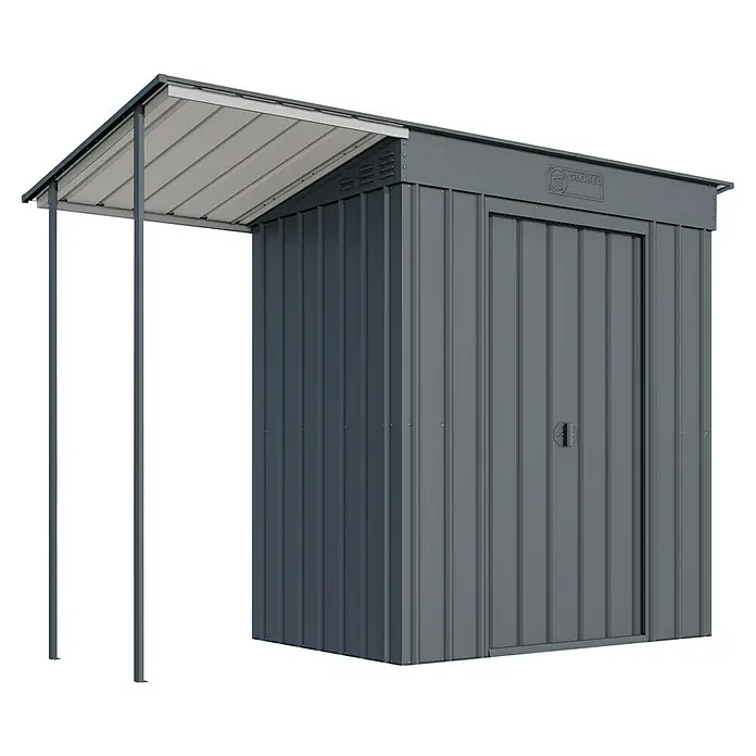 Globel Metallgerätehaus Skillion 64 - Außenmaß inkl. Dachüberstand (B x T): 257 x 113 cm - Abbildung eines grauen Globel-Metallschuppens mit Vordach, ideal für die Lagerung im Freien. Robuste Konstruktion für Garten und Werkzeug.