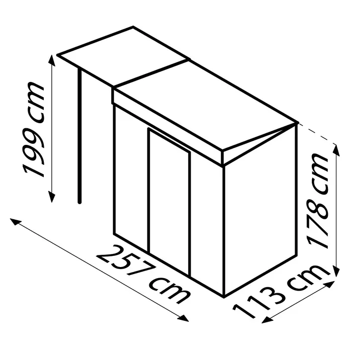 Globel Metallgerätehaus Skillion 64 - Außenmaß inkl. Dachüberstand (B x T): 257 x 113 cm - Schema eines Garderobenschranks mit den Maßen 199 cm Höhe, 257 cm Breite und 113 cm Tiefe. Die Höhe des Schranks beträgt 178 cm.