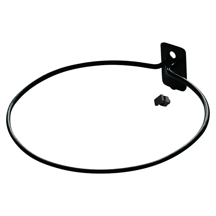 Pergart Halterung für Pflanztopf - Ø x H: 14 cm x 40 mm, Kunststoff, 1 Stk. - Nahaufnahme eines schwarzen Basketballkorbs, der an einer schwarzen Halterung befestigt ist, isoliert auf einem schwarzen Hintergrund.