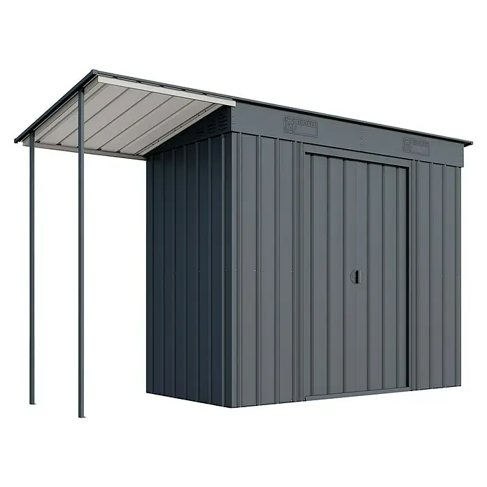 Globel Metallgerätehaus Skillion 84 - Außenmaß inkl. Dachüberstand (B x T): 324,6 x 124 cm, Stahl, Anthrazit - Das Bild zeigt ein graues Globel Gerätehaus mit Vordach, ideal für die Gartenaufbewahrung, vor einem schwarzen Hintergrund.