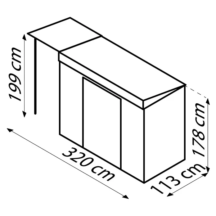 Globel Metallgerätehaus Skillion 84 - Außenmaß inkl. Dachüberstand (B x T): 324,6 x 124 cm, Stahl, Anthrazit - Produktdarstellung: Ein linear gezeichneter Schrank mit präzisen Abmessungen für eine detaillierte Produktvisualisierung.
