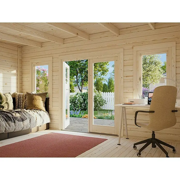 Palmako Caseta de jardín Lisa - Medidas ext. (An x Pr): 494 x 394 cm, Madera, Natural - Habitación de madera luminosa con escritorio y silla frente a una puerta de patio abierta que da a un jardín. Ambiente acogedor con luz natural.