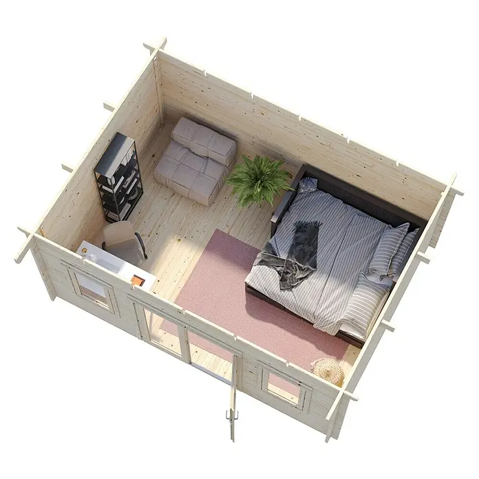 Palmako Caseta de jardín Lisa - Medidas ext. (An x Pr): 494 x 394 cm, Madera, Natural - Vista de una cabaña de madera moderna con dormitorio y área de trabajo. La cabaña de madera es luminosa y aireada.