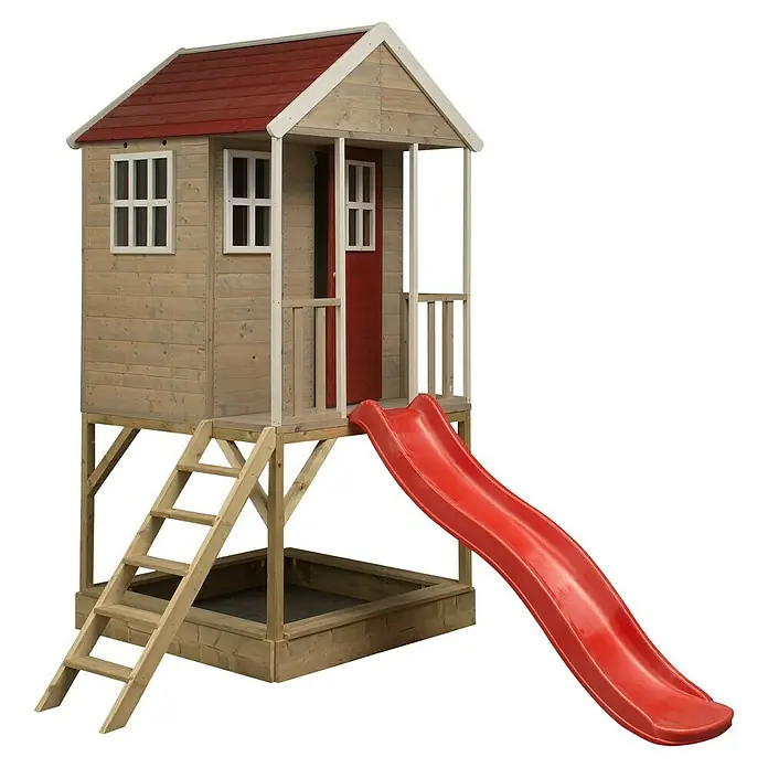 Wendi Toys Spielhaus Frosch - L x B x H: 290 x 197 x 242 cm, Holz, Natur/Rot - Das Holzspielhaus mit Rutsche und Sandkasten bietet Kindern Spaß und Abenteuer im eigenen Garten.