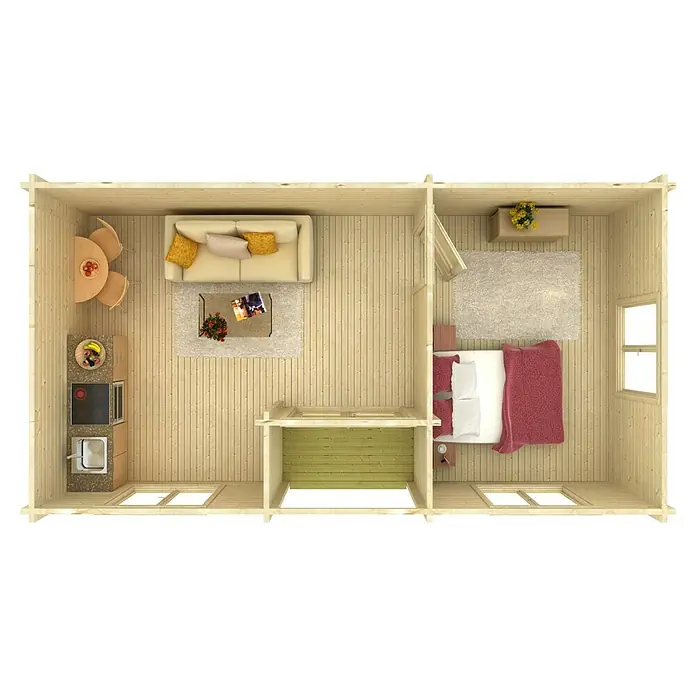 Palmako Caseta de jardín Anna - Medidas ext. (An x Pr): 834 x 460 cm, Madera, Natural - Vista superior de una acogedora casa de madera con sala de estar, dormitorio y cocina americana. La cabaña de madera emana un ambiente confortable.