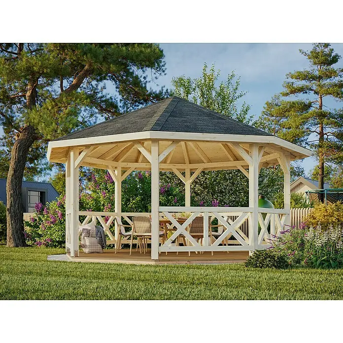 Palmako Pérgola estándar Betty M Octogonal - Medidas exteriores: 551 x 551 cm, Natural, Abeto rojo - Una glorieta de madera con techo oscuro ubicada en un jardín exuberante. La glorieta ofrece una zona sombreada para relajarse al aire libre.