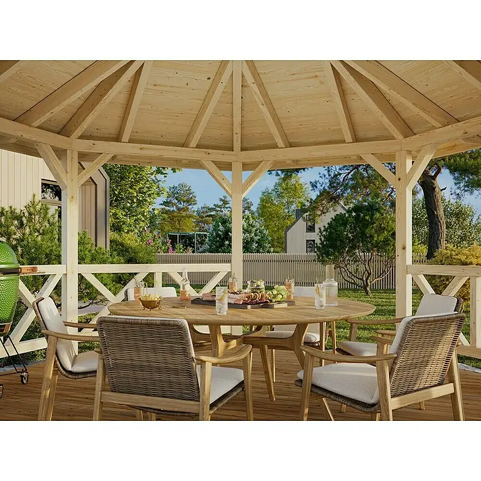 Palmako Pérgola estándar Betty M Octogonal - Medidas exteriores: 551 x 551 cm, Natural, Abeto rojo - Pérgola acogedora con mesa y sillas. Ideal para reuniones al aire libre y fiestas en el jardín en verano.