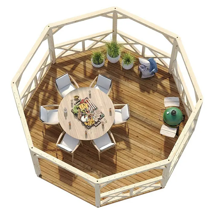 Palmako Pérgola estándar Betty M Octogonal - Medidas exteriores: 551 x 551 cm, Natural, Abeto rojo - Vista cenital de un cenador de madera con mesa redonda con comida, sillas y parrilla verde, ideal para relajarse y comer al aire libre.