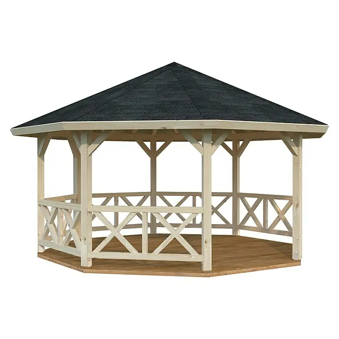 Palmako Pérgola estándar Betty M Octogonal - Medidas exteriores: 551 x 551 cm, Natural, Abeto rojo - Esta imagen presenta una glorieta octogonal de madera sin tratar con un techo de tejas oscuras, una adición encantadora a cualquier jardín.