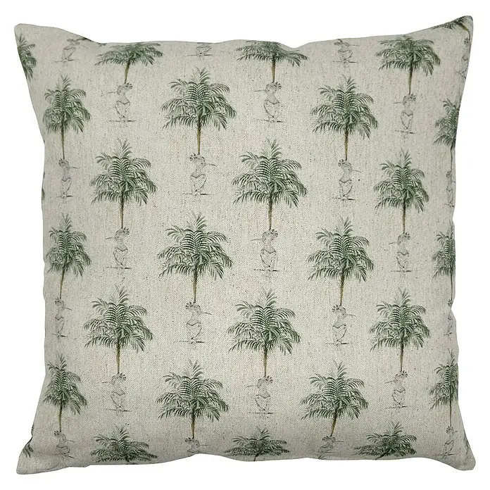 Cojín Pájaro palmera - 45 x 45 cm, Textil, Beige/Verde, Cuadrado - Cojín cuadrado decorativo con un patrón de palmeras y monos, ideal para agregar estilo a cualquier espacio habitable.