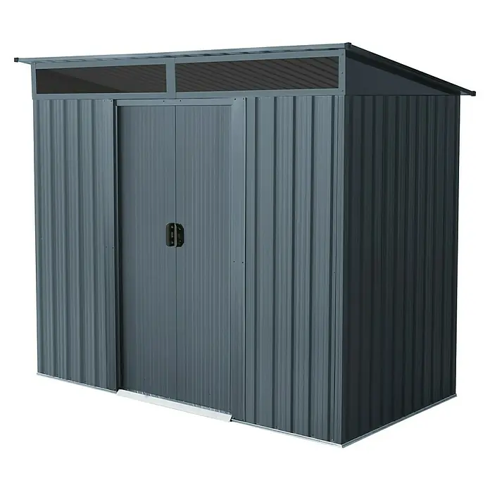 Pergart Gerätehaus Lüttich 84 - Außenmaß inkl. Dachüberstand (B x T): 238 x 132 cm, Stahl, Anthrazit - Das Bild zeigt ein graues Metallgartenhaus mit Doppeltür und einem schrägen Dach, das für zusätzlichen Stauraum im Außenbereich sorgt.