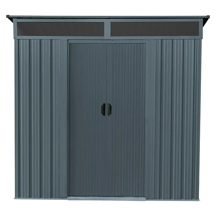 Pergart Gerätehaus Lüttich 65 - Außenmaß inkl. Dachüberstand (B x T): 195 x 151 cm, Stahl, Anthrazit - Bild einer Metallgartenhütte mit Doppeltür und Oberlichtfenstern. Ideal zur Aufbewahrung von Gartengeräten und Werkzeugen.