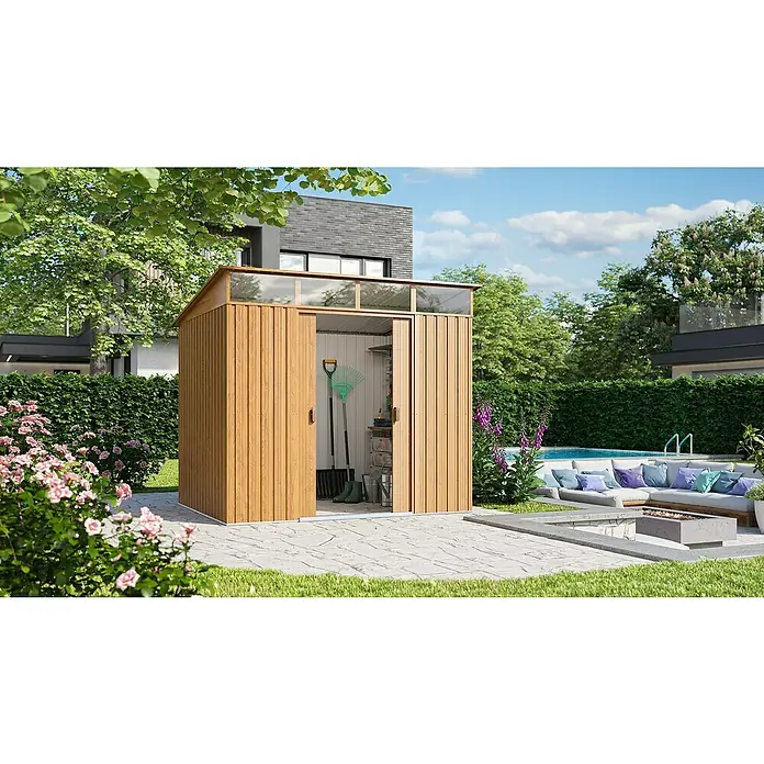 Pergart Gerätehaus Lübeck 86 - Außenmaß inkl. Dachüberstand (B x T): 238,4 x 193 cm, Stahl, Braun - Gartenschuppen mit Schiebetüren und Oberlicht für Geräte und Gartenzubehör. Praktisch und stilvoll für jeden Garten.