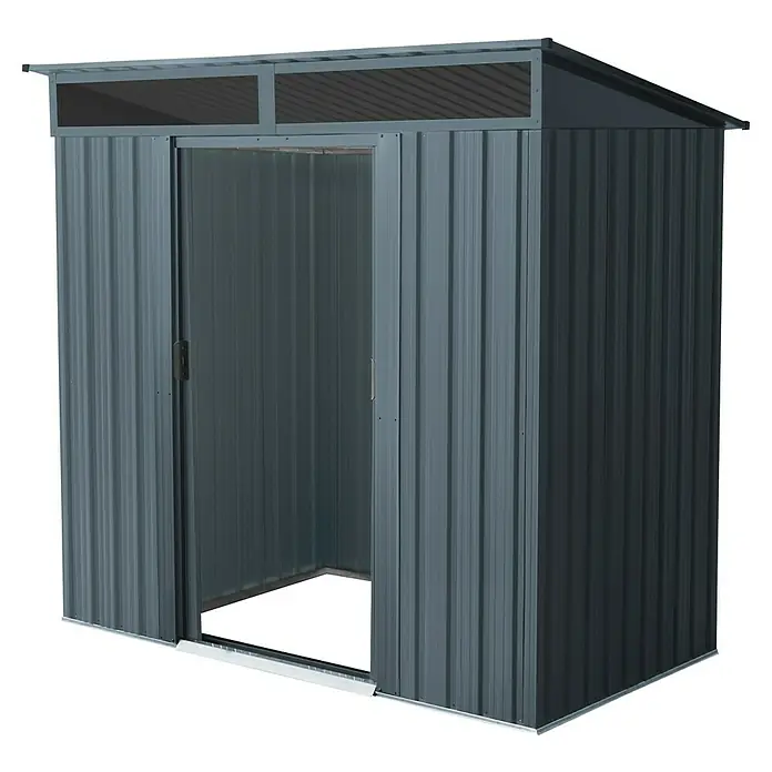 Pergart Gerätehaus Lüttich 64 - Außenmaß inkl. Dachüberstand (B x T): 195 x 121 cm, Stahl, Anthrazit - Das Bild zeigt einen grauen Metall-Gartenschuppen mit Schiebetür und Fensterband unter dem Dach. Der Schuppen steht vor einem dunklen Hintergrund.