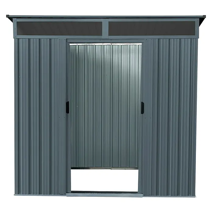 Pergart Gerätehaus Lüttich 64 - Außenmaß inkl. Dachüberstand (B x T): 195 x 121 cm, Stahl, Anthrazit - Abbildung eines Metallgartenschuppens mit Schiebetüren und Oberlichtern, ideal für die Aufbewahrung im Freien.