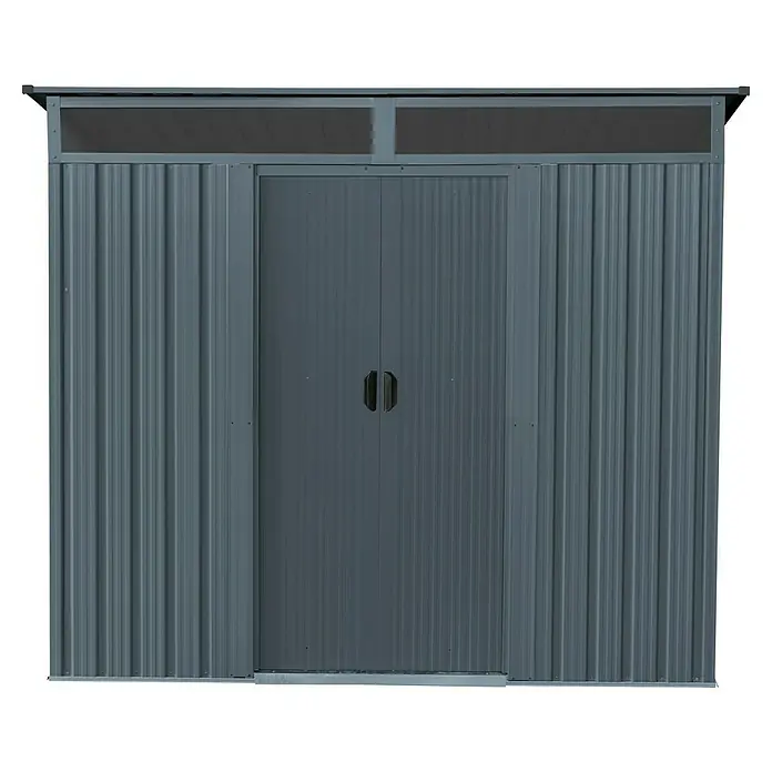 Pergart Gerätehaus Lüttich 84 - Außenmaß inkl. Dachüberstand (B x T): 238 x 132 cm, Stahl, Anthrazit - Ein graues Metallgartenhaus mit Doppeltür und Oberlicht für die Aufbewahrung von Gartengeräten und -möbeln.