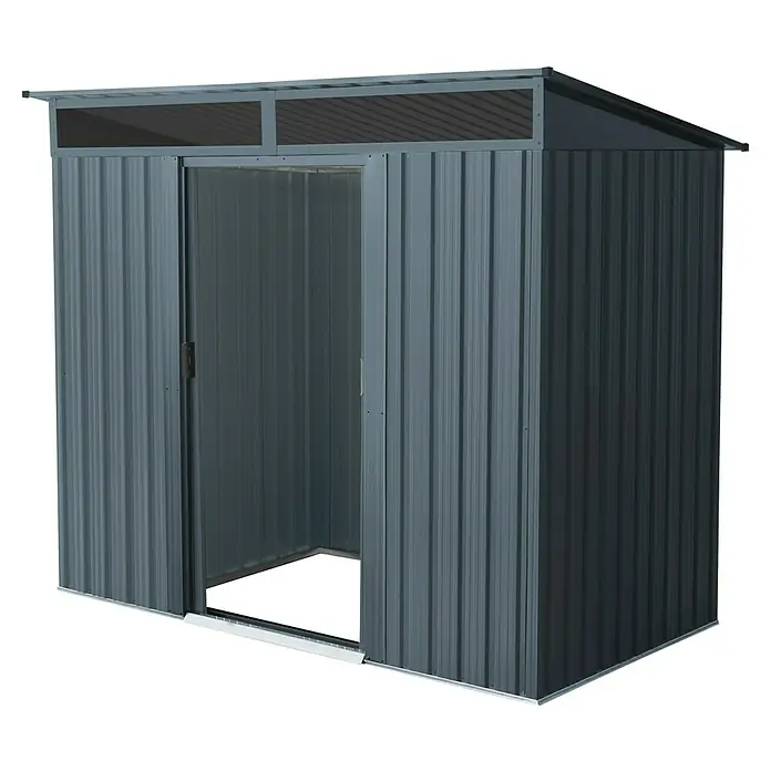 Pergart Gerätehaus Lüttich 84 - Außenmaß inkl. Dachüberstand (B x T): 238 x 132 cm, Stahl, Anthrazit - Abbildung eines grauen Metallgartenschuppens mit Schiebetür, ideal für die Aufbewahrung von Gartengeräten und -möbeln.