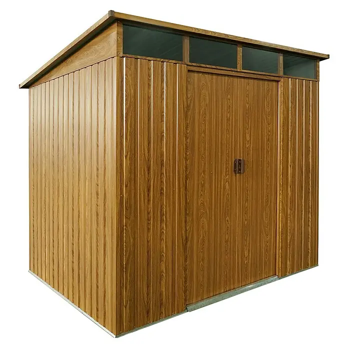 Pergart Gerätehaus Lübeck 86 - Außenmaß inkl. Dachüberstand (B x T): 238,4 x 193 cm, Stahl, Braun - Nahaufnahme eines Holzschuppens mit Tür und Fenstern. Ideal für die Gartenaufbewahrung und Werkzeuge.