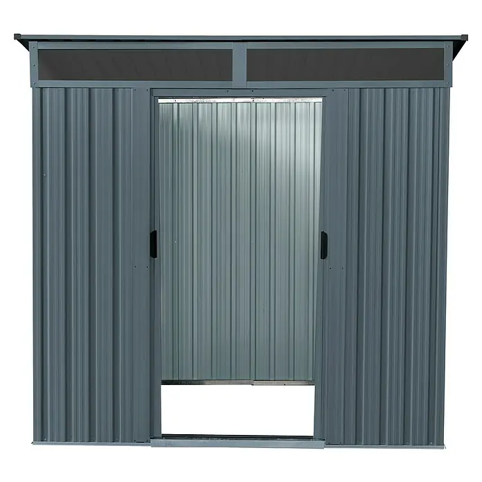 Pergart Gerätehaus Lüttich 65 - Außenmaß inkl. Dachüberstand (B x T): 195 x 151 cm, Stahl, Anthrazit - Frontansicht eines grauen Metallgartenhauses mit Schiebetür, ideal für die Aufbewahrung von Gartengeräten und -möbeln.