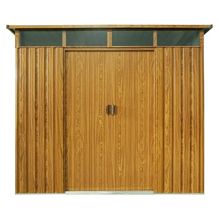 Pergart Gerätehaus Lübeck 86 - Außenmaß inkl. Dachüberstand (B x T): 238,4 x 193 cm, Stahl, Braun - Holzfarbenes Gartenschrank mit Doppeltür und Fensterteil oben, ideal für die Aufbewahrung von Gartengeräten und Zubehör.