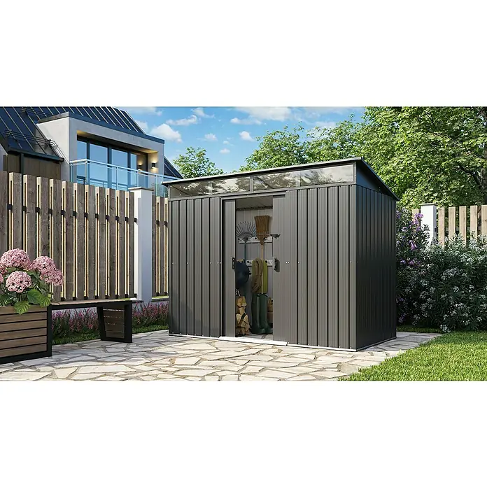 Pergart Gerätehaus Lüttich 84 - Außenmaß inkl. Dachüberstand (B x T): 238 x 132 cm, Stahl, Anthrazit - Das Bild zeigt ein modernes Gerätehaus mit Schiebetür, das im Garten steht und Stauraum für Gartengeräte bietet.
