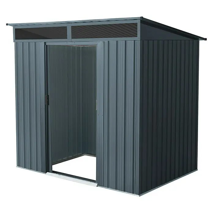 Pergart Gerätehaus Lüttich 65 - Außenmaß inkl. Dachüberstand (B x T): 195 x 151 cm, Stahl, Anthrazit - Ein geräumiger Metallgarten Schuppen mit Schiebetüren. Ideal zur Aufbewahrung von Gartengeräten und -möbeln.
