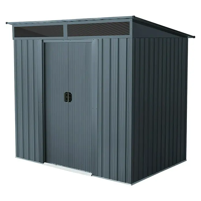 Pergart Gerätehaus Lüttich 65 - Außenmaß inkl. Dachüberstand (B x T): 195 x 151 cm, Stahl, Anthrazit - Ein geräumiger Geräteschuppen aus Metall, ideal für die Aufbewahrung von Gartengeräten und Werkzeugen. Der Schuppen bietet ausreichend Platz.