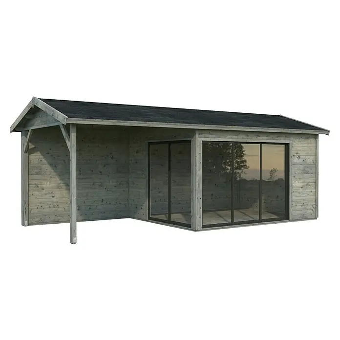 Palmako Gartenhaus Amanda Slide Plus - Außenmaß inkl. Dachüberstand (B x T): 712 x 340 cm, Tauchgrundiertes Holz, Grau - Moderne Gartenlaube mit überdachter Veranda und großen Schiebefenstern, die einen hellen und einladenden Raum schaffen.