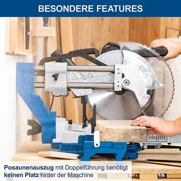 Scheppach Kapp- & Gehrungssäge HM305SL - 2.000 W, Durchmesser Sägeblatt: 305 mm, Leerlaufdrehzahl: 5.000 U/min - Bild einer Scheppach Kapp- und Gehrungssäge, die Holz schneidet, um ihre Funktionalität und ihr Design zu demonstrieren.